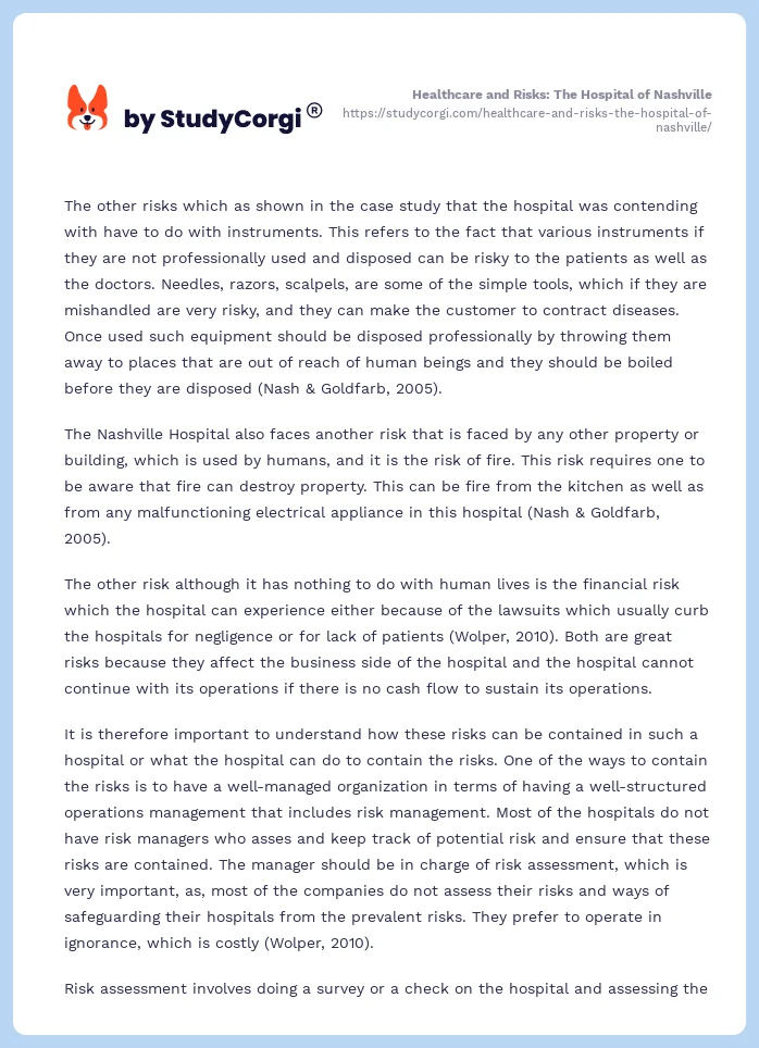Healthcare and Risks: The Hospital of Nashville. Page 2