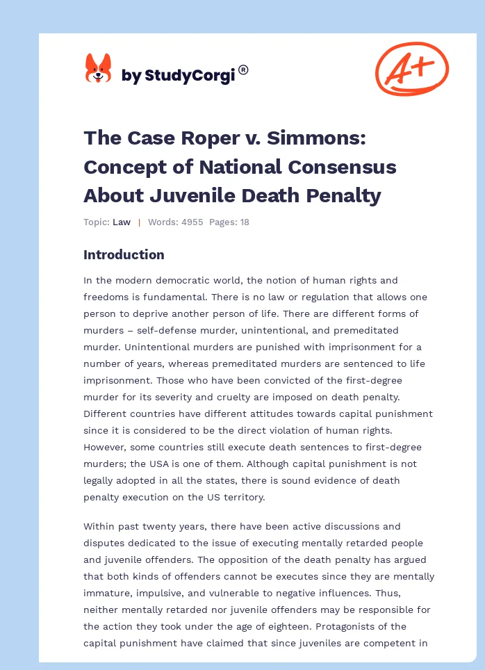 The Case Roper v. Simmons: Concept of National Consensus About Juvenile Death Penalty. Page 1