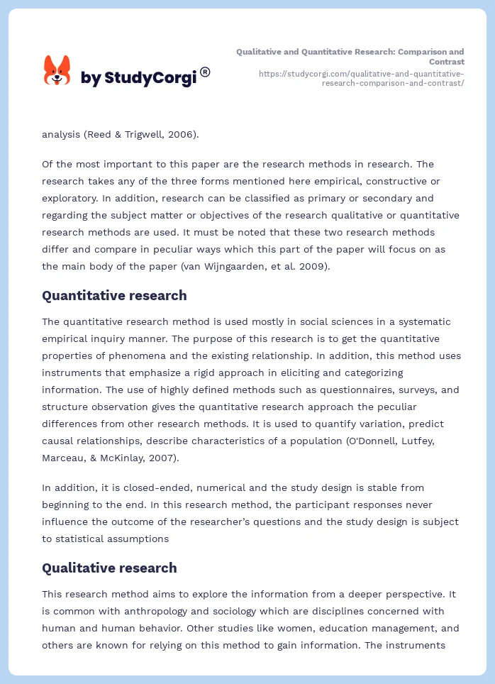 Qualitative and Quantitative Research: Comparison and Contrast. Page 2
