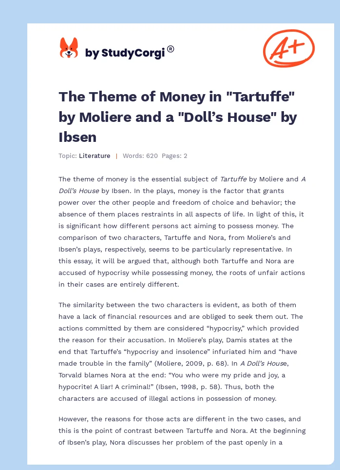 The Theme of Money in "Tartuffe" by Moliere and a "Doll’s House" by Ibsen. Page 1