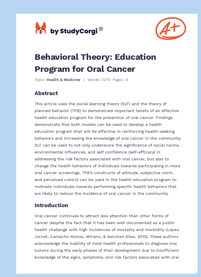 Behavioral Theory: Education Program for Oral Cancer. Page 1