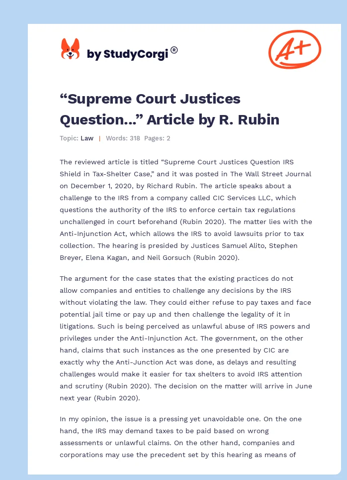 “Supreme Court Justices Question...” Article by R. Rubin. Page 1