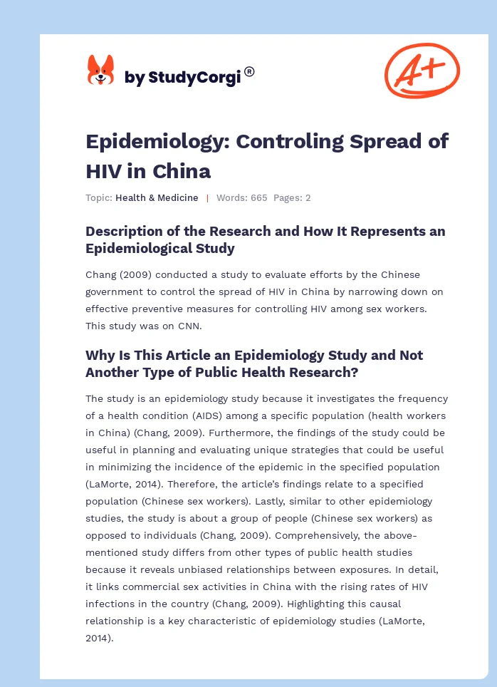 Epidemiology: Controling Spread of HIV in China. Page 1