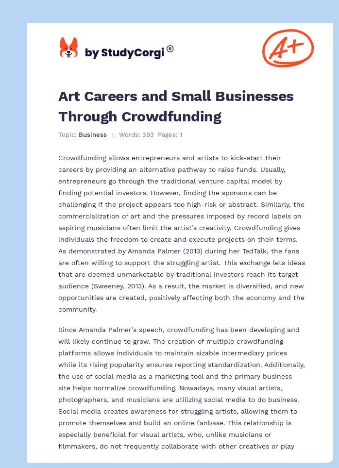 Art Careers and Small Businesses Through Crowdfunding. Page 1