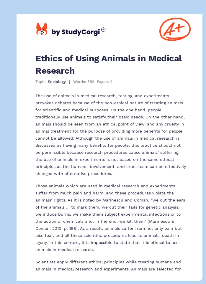 Ethics of Using Animals in Medical Research. Page 1