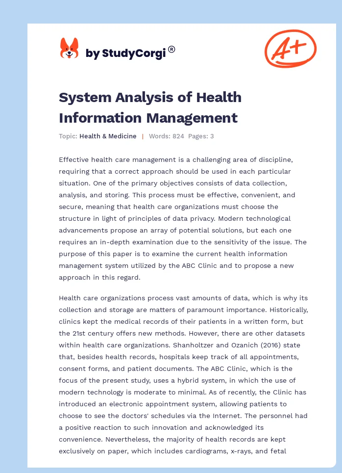 System Analysis of Health Information Management. Page 1