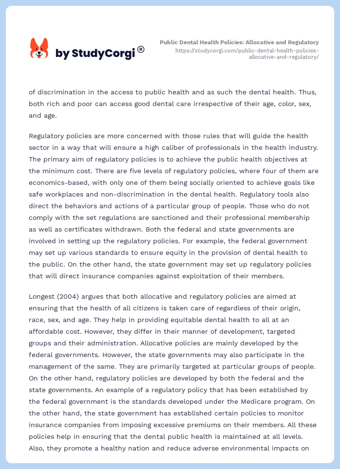 Public Dental Health Policies: Allocative and Regulatory. Page 2