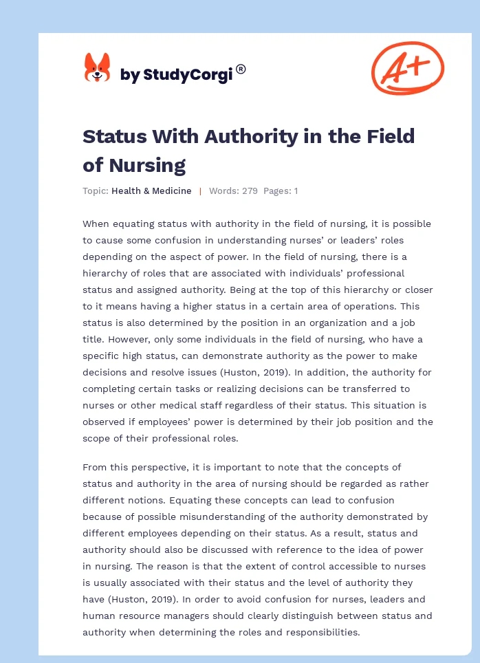 Status With Authority in the Field of Nursing. Page 1