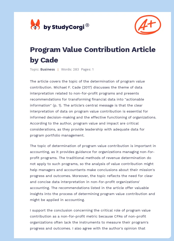 Program Value Contribution Article by Cade. Page 1