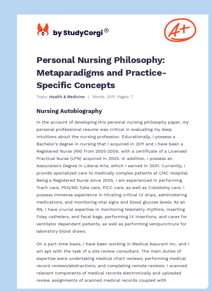 Personal Nursing Philosophy: Metaparadigms and Practice-Specific Concepts. Page 1