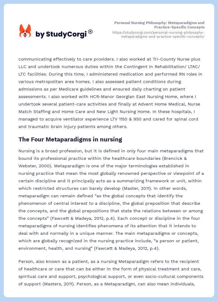 Personal Nursing Philosophy: Metaparadigms and Practice-Specific Concepts. Page 2