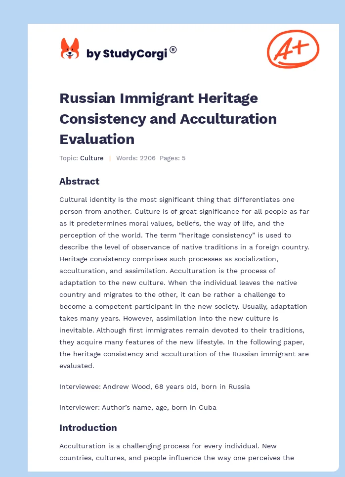 Russian Immigrant Heritage Consistency and Acculturation Evaluation. Page 1