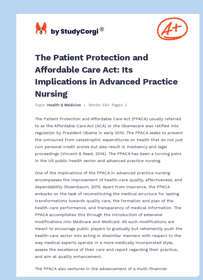 The Patient Protection and Affordable Care Act: Its Implications in Advanced Practice Nursing. Page 1