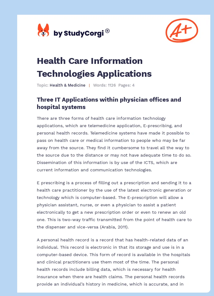 Health Care Information Technologies Applications. Page 1