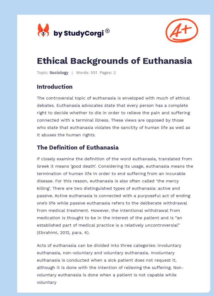 Ethical Backgrounds of Euthanasia. Page 1