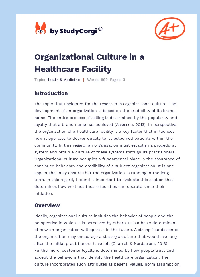 Organizational Culture in a Healthcare Facility. Page 1