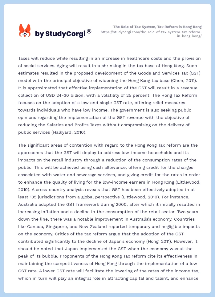The Role of Tax System, Tax Reform in Hong Kong. Page 2