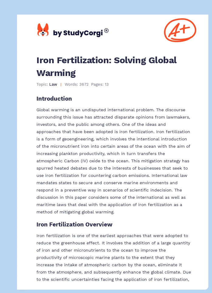 Iron Fertilization: Solving Global Warming. Page 1