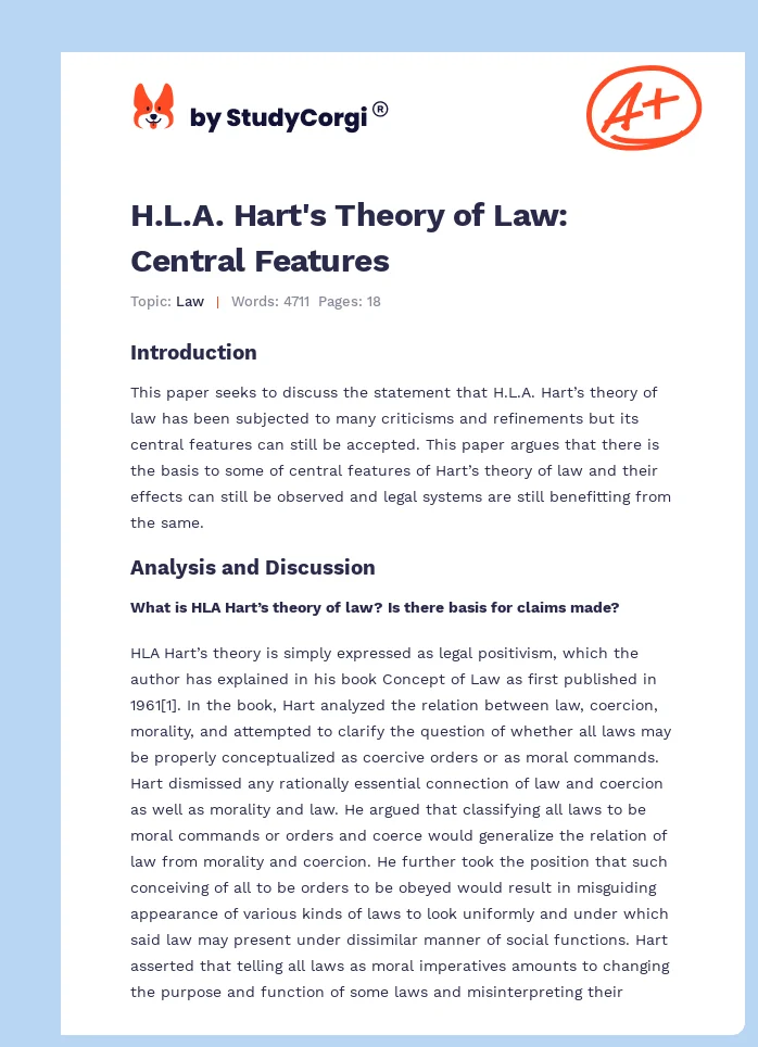 H.L.A. Hart's Theory of Law: Central Features. Page 1