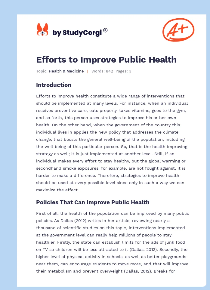 Efforts to Improve Public Health. Page 1