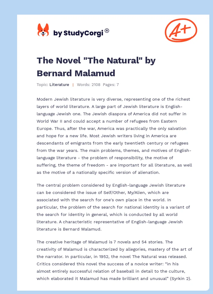 The Novel "The Natural" by Bernard Malamud. Page 1