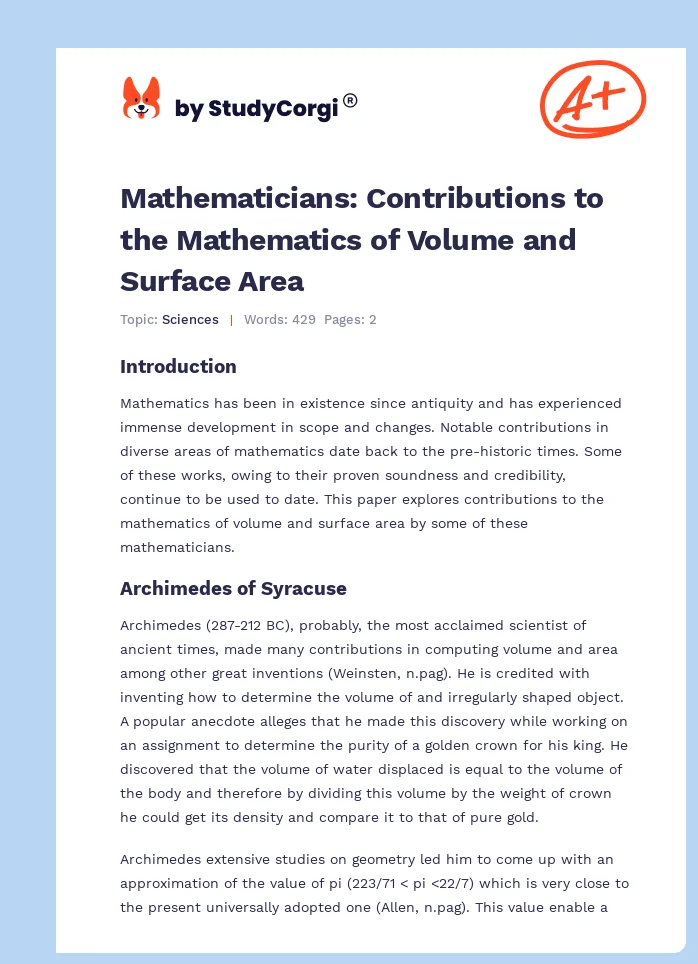 Mathematicians: Contributions to the Mathematics of Volume and Surface Area. Page 1