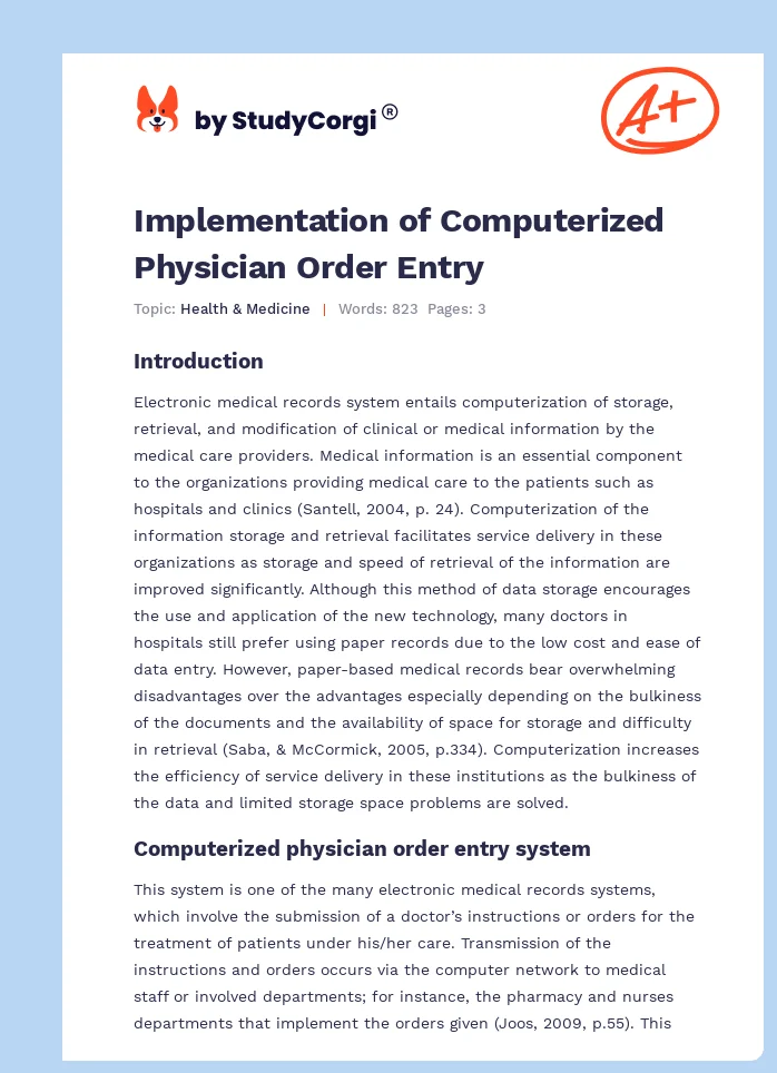 Implementation of Computerized Physician Order Entry. Page 1