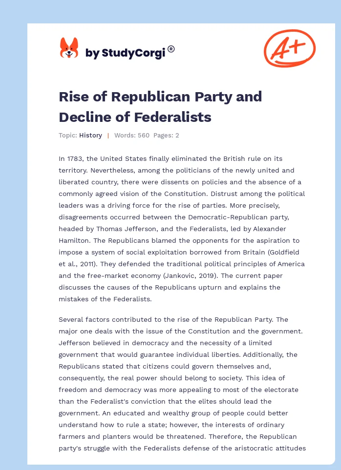 Rise of Republican Party and Decline of Federalists. Page 1