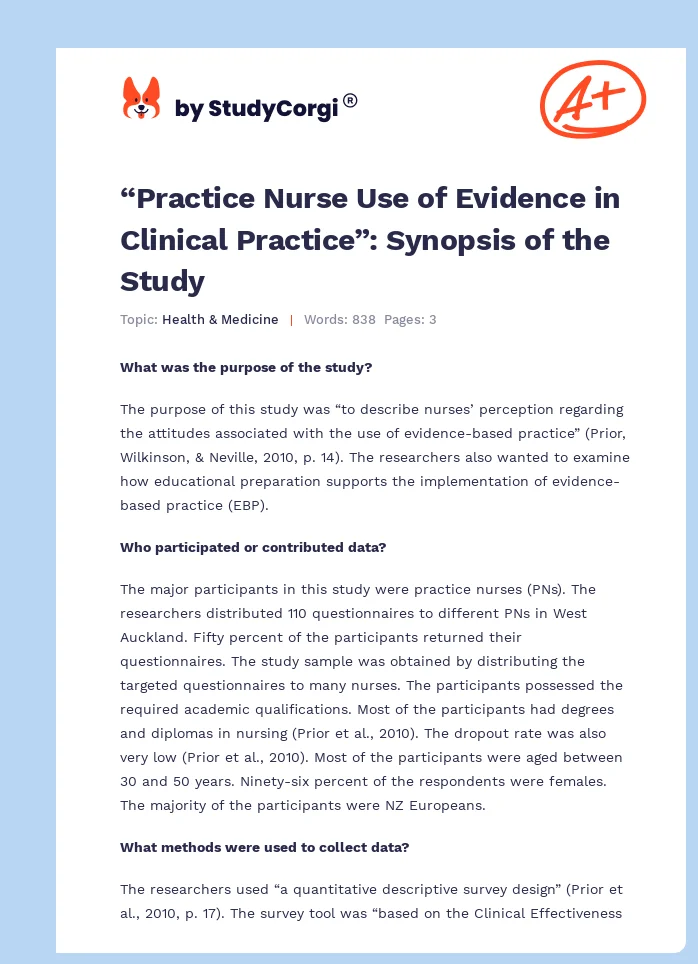 “Practice Nurse Use of Evidence in Clinical Practice”: Synopsis of the Study. Page 1
