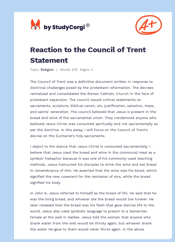 Reaction to the Council of Trent Statement. Page 1