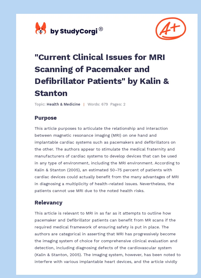 "Current Clinical Issues for MRI Scanning of Pacemaker and Defibrillator Patients" by Kalin & Stanton. Page 1
