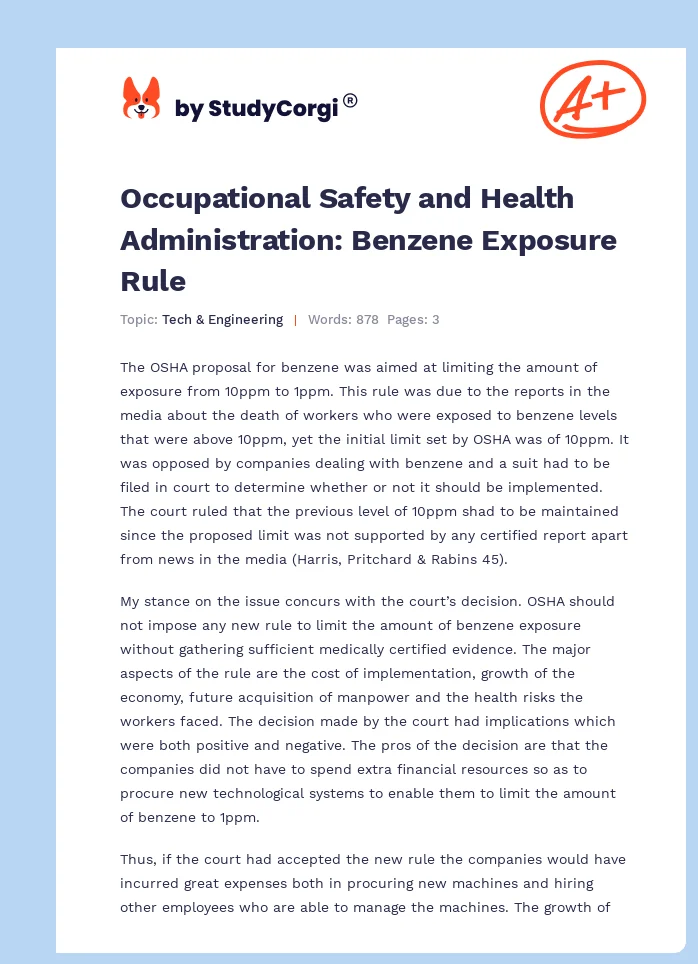 Occupational Safety and Health Administration: Benzene Exposure Rule. Page 1
