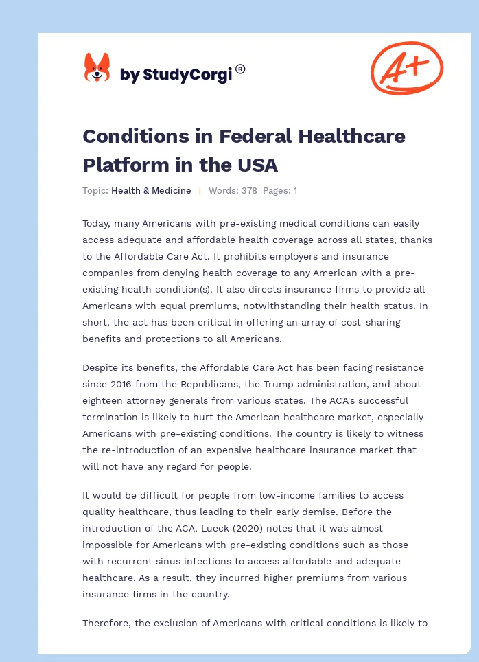 Conditions in Federal Healthcare Platform in the USA. Page 1