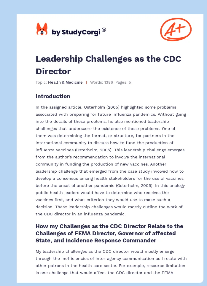 Leadership Challenges as the CDC Director. Page 1