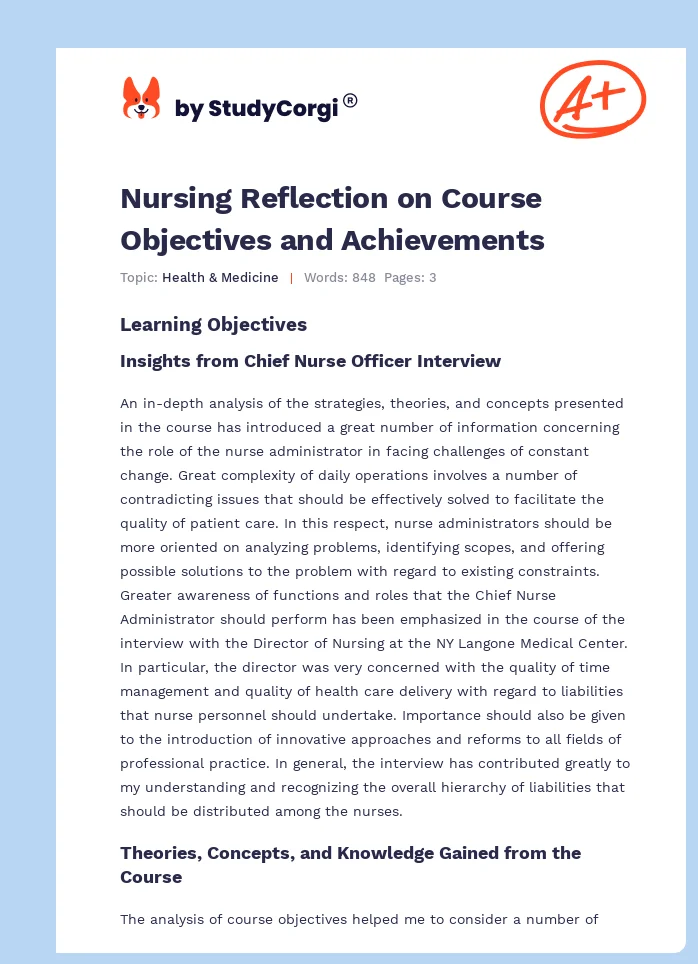 Nursing Reflection on Course Objectives and Achievements. Page 1