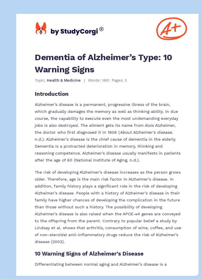 Dementia of Alzheimer’s Type: 10 Warning Signs. Page 1