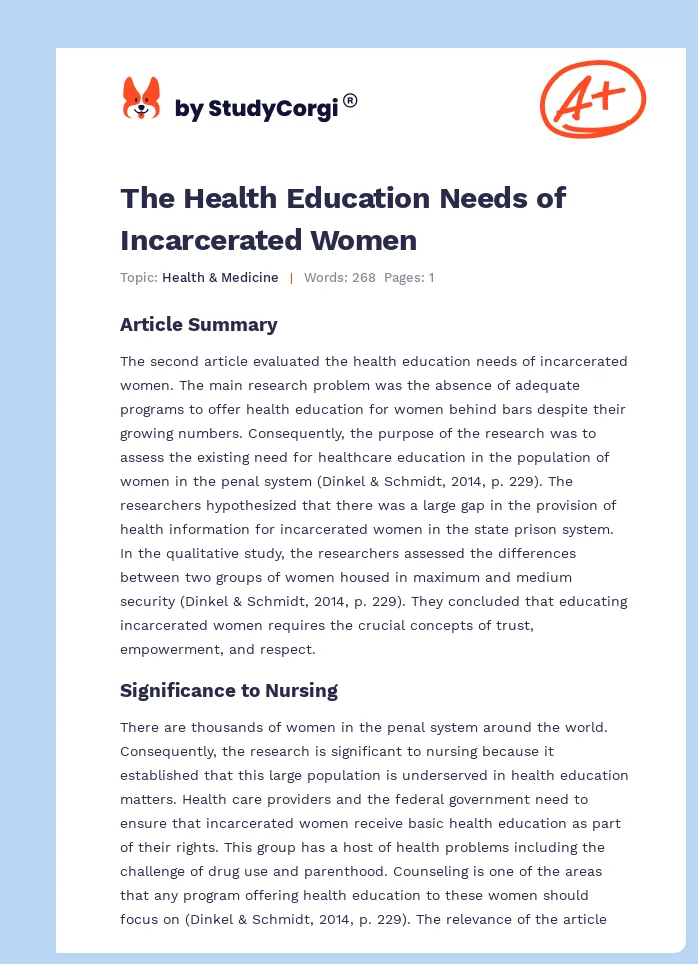 The Health Education Needs of Incarcerated Women. Page 1