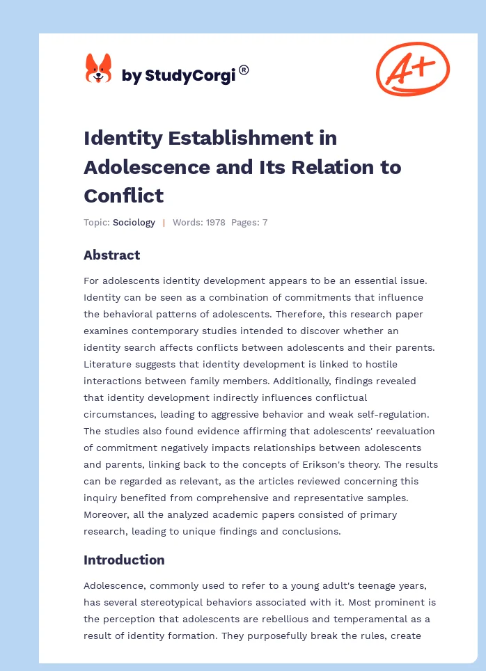 Identity Establishment in Adolescence and Its Relation to Conflict. Page 1