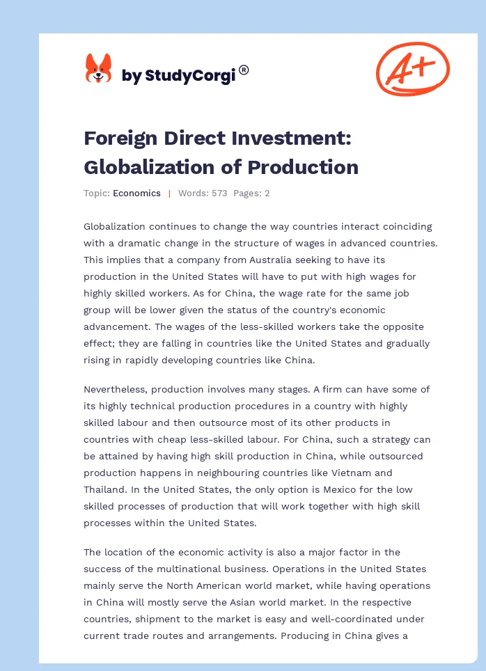 Foreign Direct Investment: Globalization of Production. Page 1