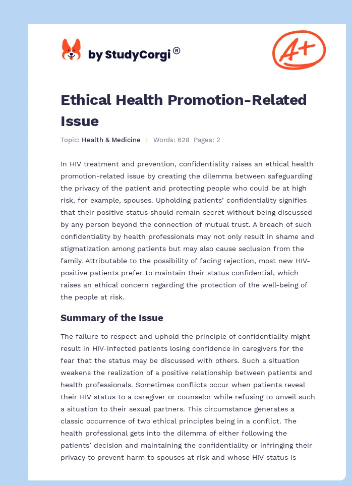Ethical Health Promotion-Related Issue. Page 1