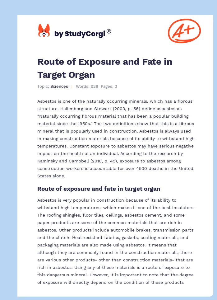 Route of Exposure and Fate in Target Organ. Page 1