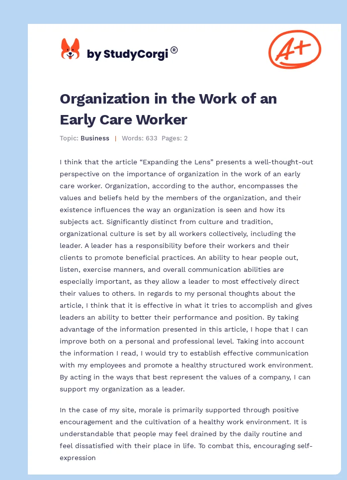 Organization in the Work of an Early Care Worker. Page 1