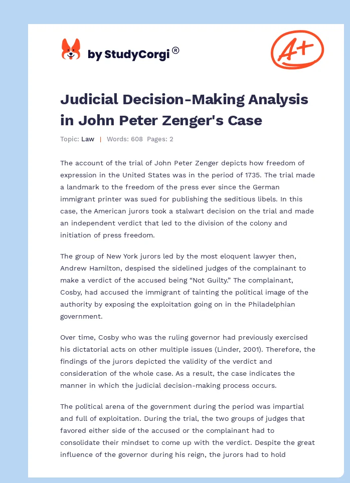 Judicial Decision-Making Analysis in John Peter Zenger's Case. Page 1