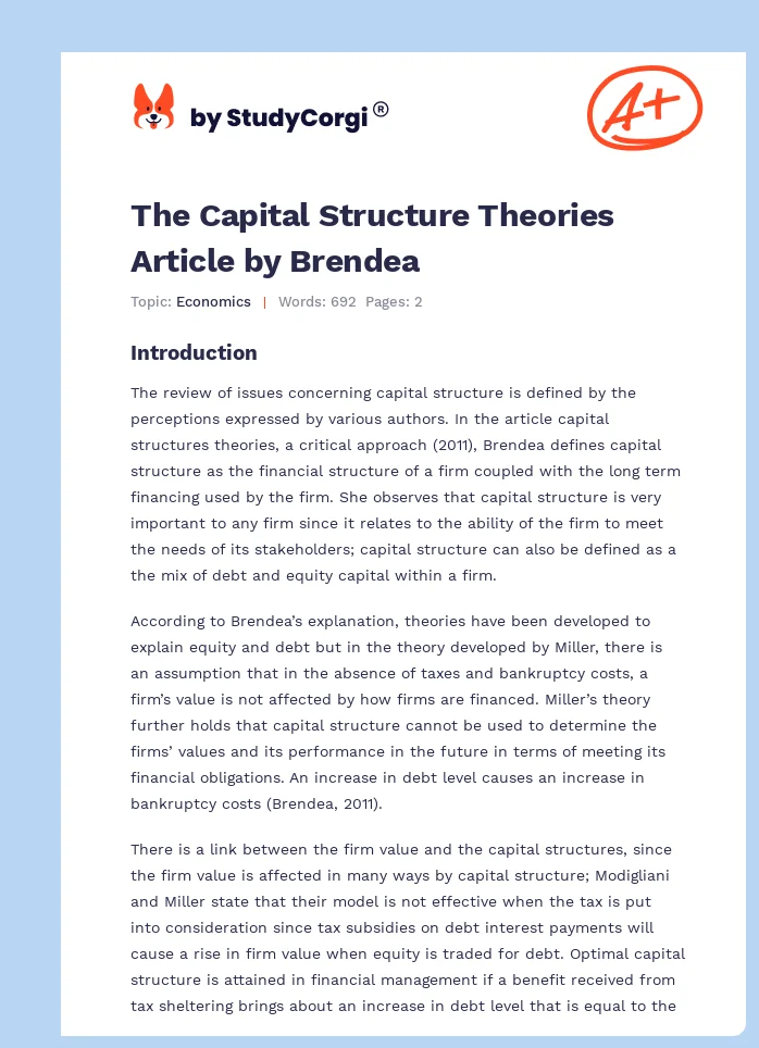 The Capital Structure Theories Article by Brendea. Page 1