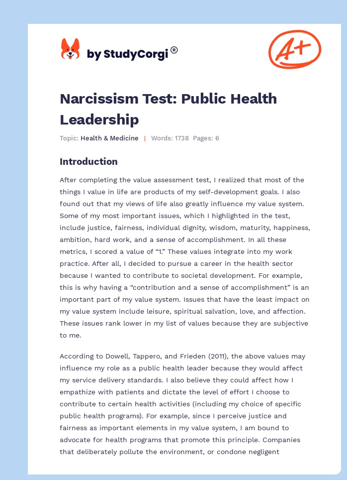 Narcissism Test: Public Health Leadership. Page 1