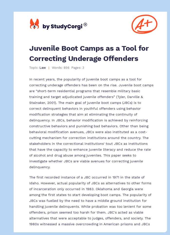 Juvenile Boot Camps as a Tool for Correcting Underage Offenders. Page 1