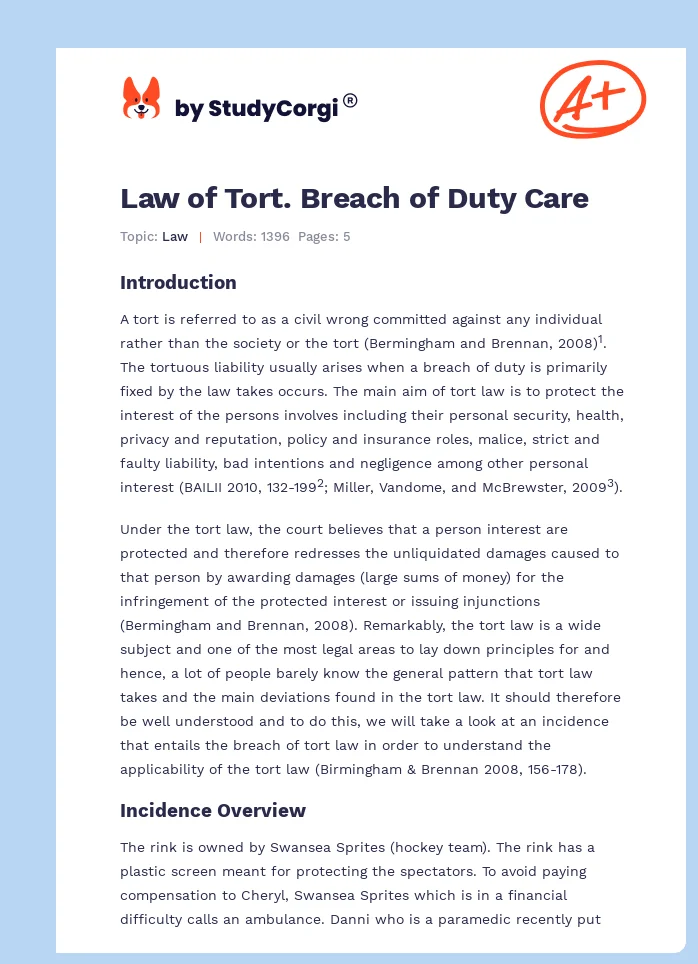 Law of Tort. Breach of Duty Care. Page 1