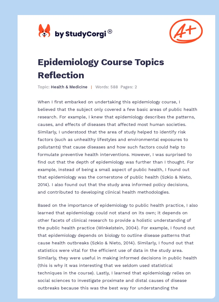 Epidemiology Course Topics Reflection. Page 1