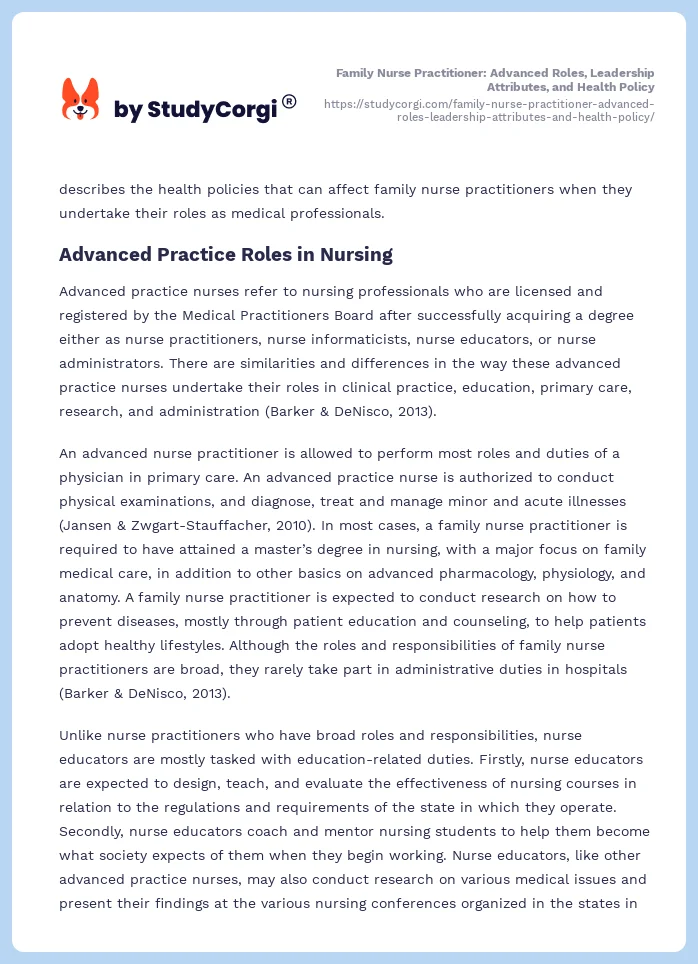 Family Nurse Practitioner: Advanced Roles, Leadership Attributes, and Health Policy. Page 2