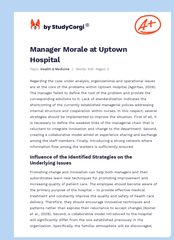 Manager Morale at Uptown Hospital. Page 1